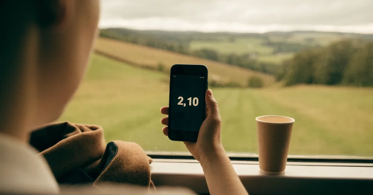 Eine Hand hält ein Smartphone mit schwarzem Bildschirm vor einem Zugfenster, draussen ziehen Hügel und Wiesen vorbei.