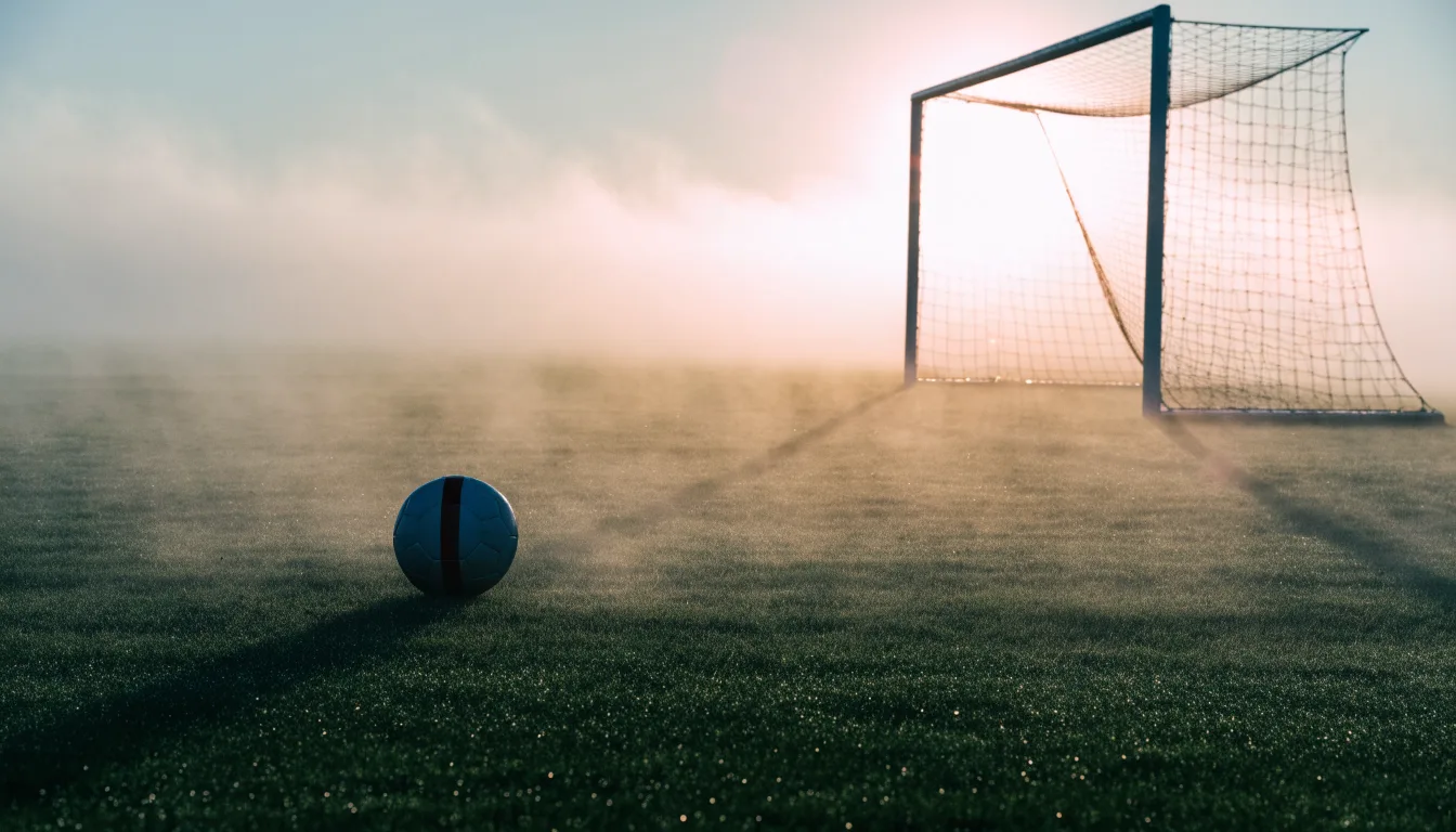 Ein Torpfosten mit Netz steht im Gegenlicht auf einem leeren Fussballplatz, über dem Rasen liegt Nebel.