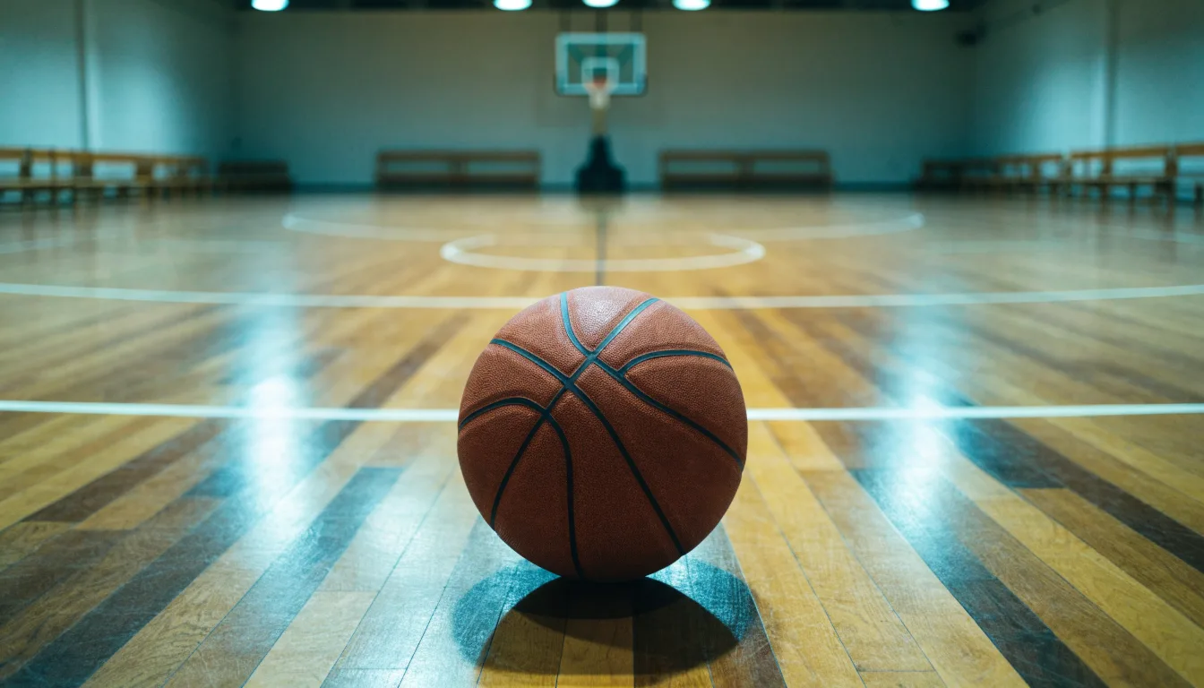 Ein Basketball liegt auf dem Parkett einer leeren Sporthalle im Licht der Deckenlampen.