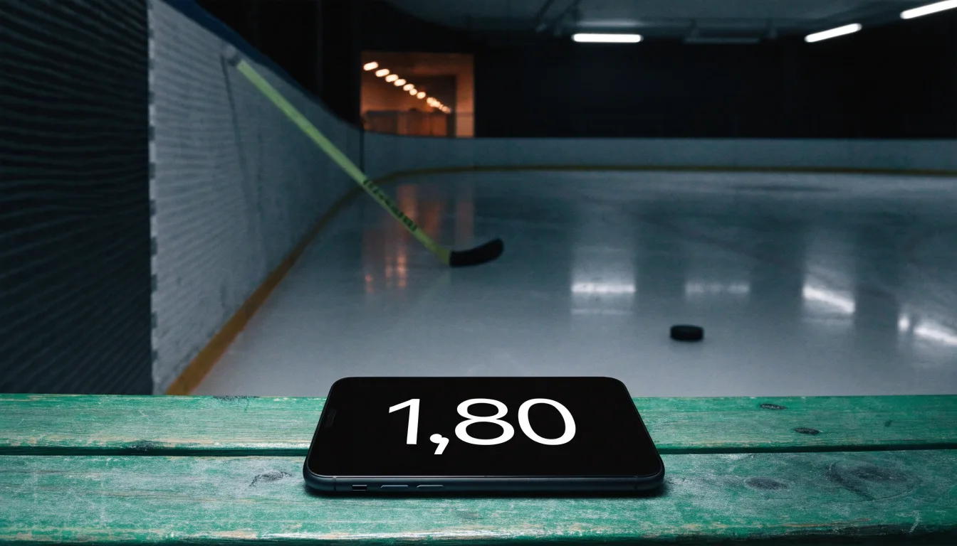 Ein Eishockeyschläger lehnt an der Bande einer leeren Halle, auf dem Eis spiegeln sich die Deckenlampen.