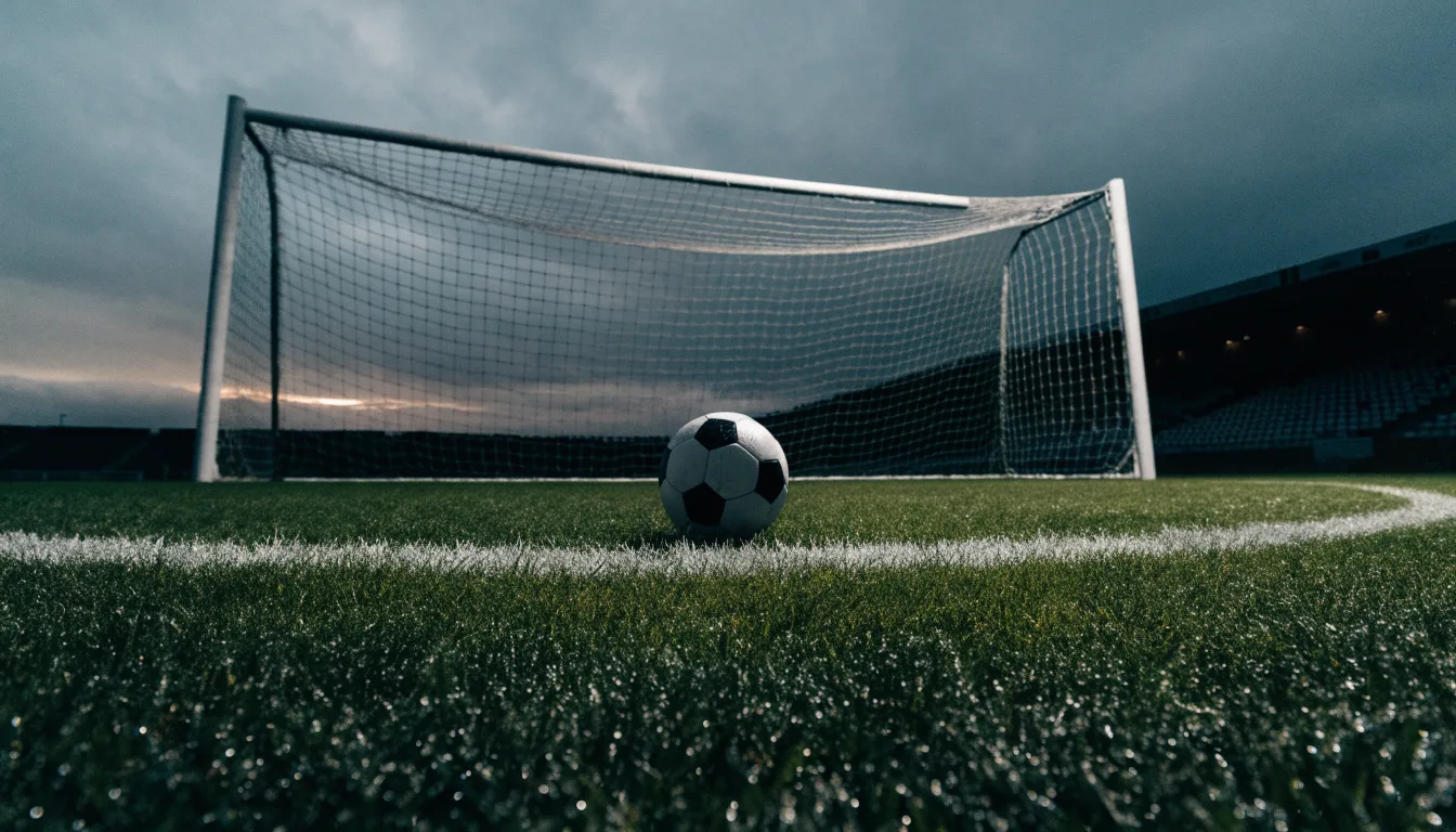 Ein einzelner Fussball liegt auf dem Elfmeterpunkt eines leeren Strafraums, der Rasen glänzt nass.