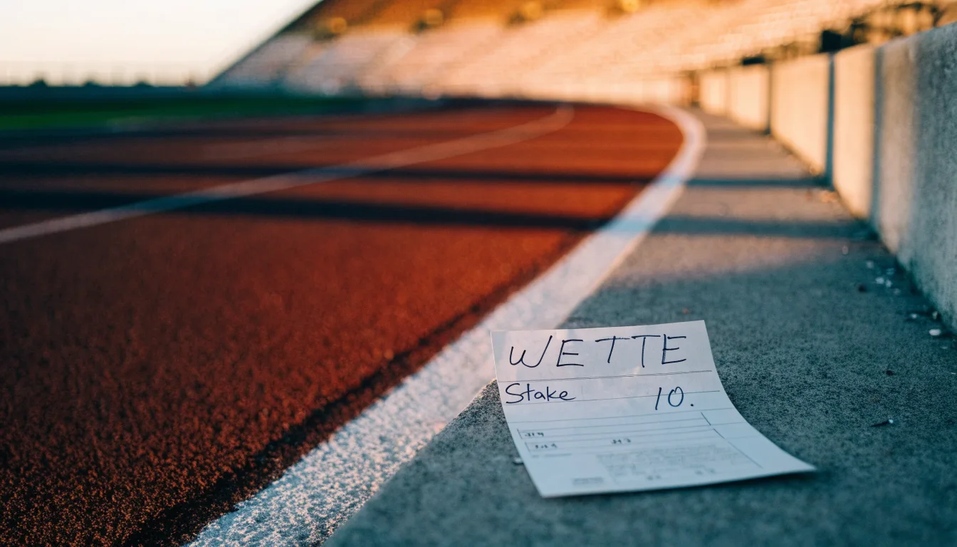 Eine rote Laufbahn in einem leeren Stadion bei Sonnenaufgang, die Bahnen ziehen sich in die Kurve.
