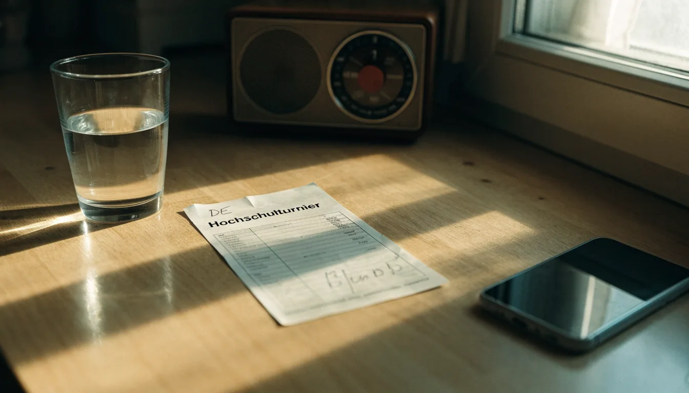 Ein altes Radio steht auf einer Küchenablage neben einem Glas Wasser, Morgenlicht fällt durchs Fenster.