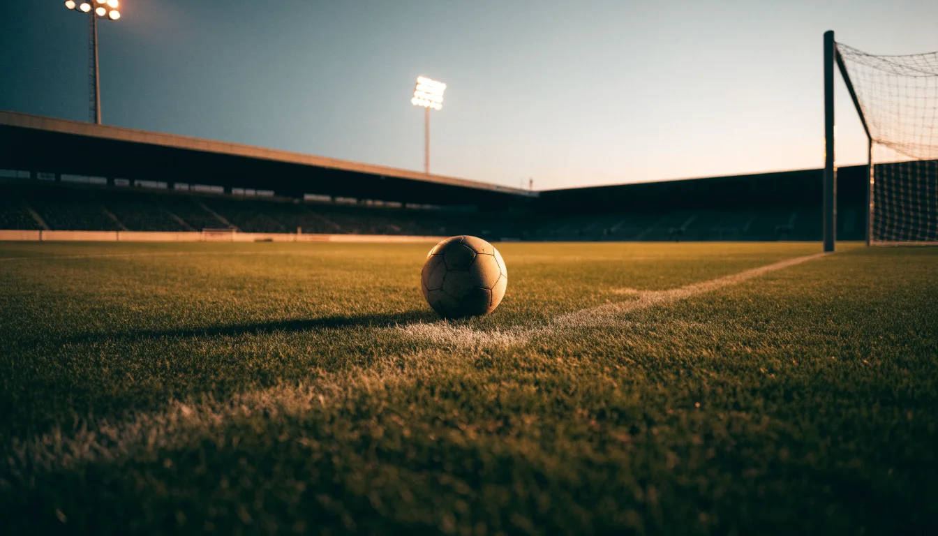 Ein Fussball liegt auf dem Mittelpunkt eines leeren Rasenplatzes, im Hintergrund ragen Flutlichtmasten in die Abenddämmerung
