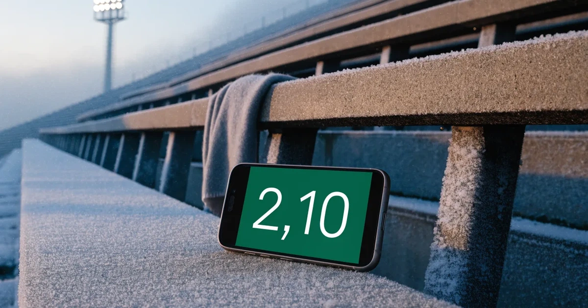 Ein einfarbiger grauer Schal liegt auf einer leeren Betontribüne, Raureif auf den Sitzen, kühles Morgenlicht über dem Stadion