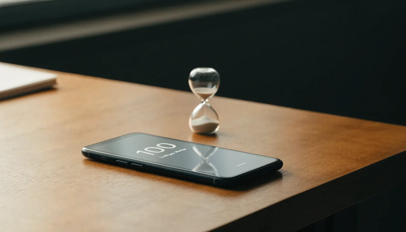 Eine Sanduhr steht neben einem Smartphone mit dunklem Display auf einem Holztisch, ruhiges Tageslicht fällt von der Seite ein