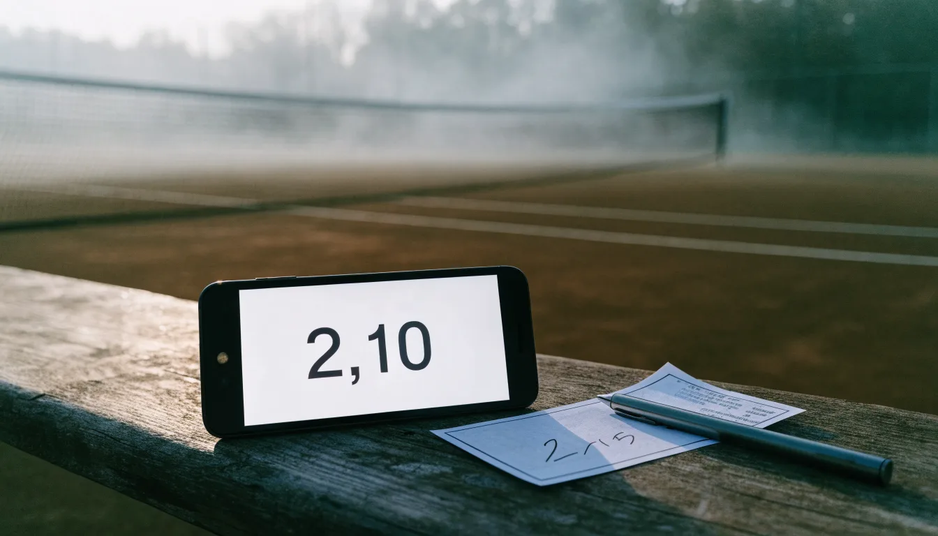 Ein Tennisplatz mit Sandbelag in der Morgendämmerung, Netz und Linien liegen im ersten Licht, Nebel hängt über dem Boden