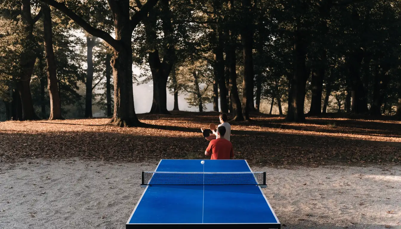 Eine Tischtennisplatte im Freien unter Bäumen, Herbstlaub liegt auf der Platte, das Licht fällt schräg durch die Äste