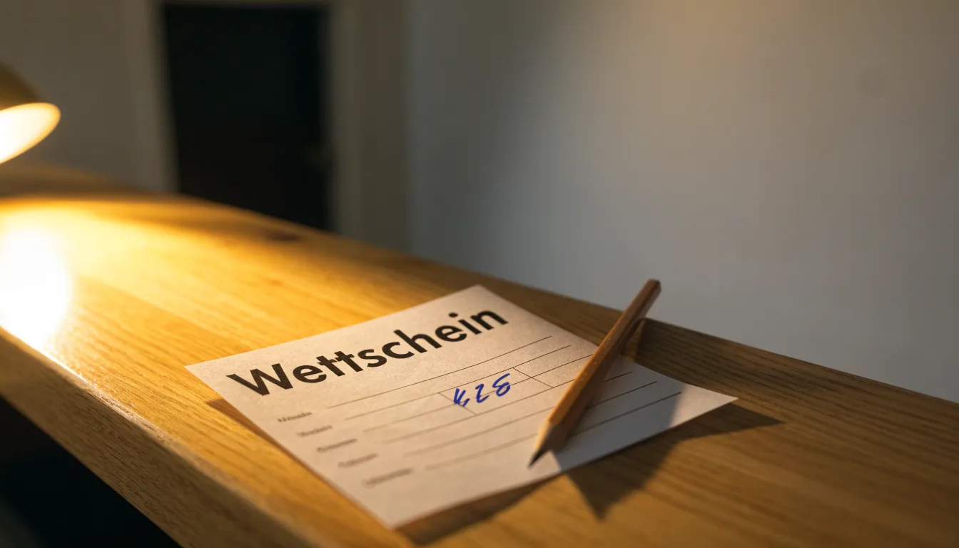 Ein leerer Wettschein aus Papier und ein Bleistift liegen auf einem Holztresen, warmes Licht einer Lampe