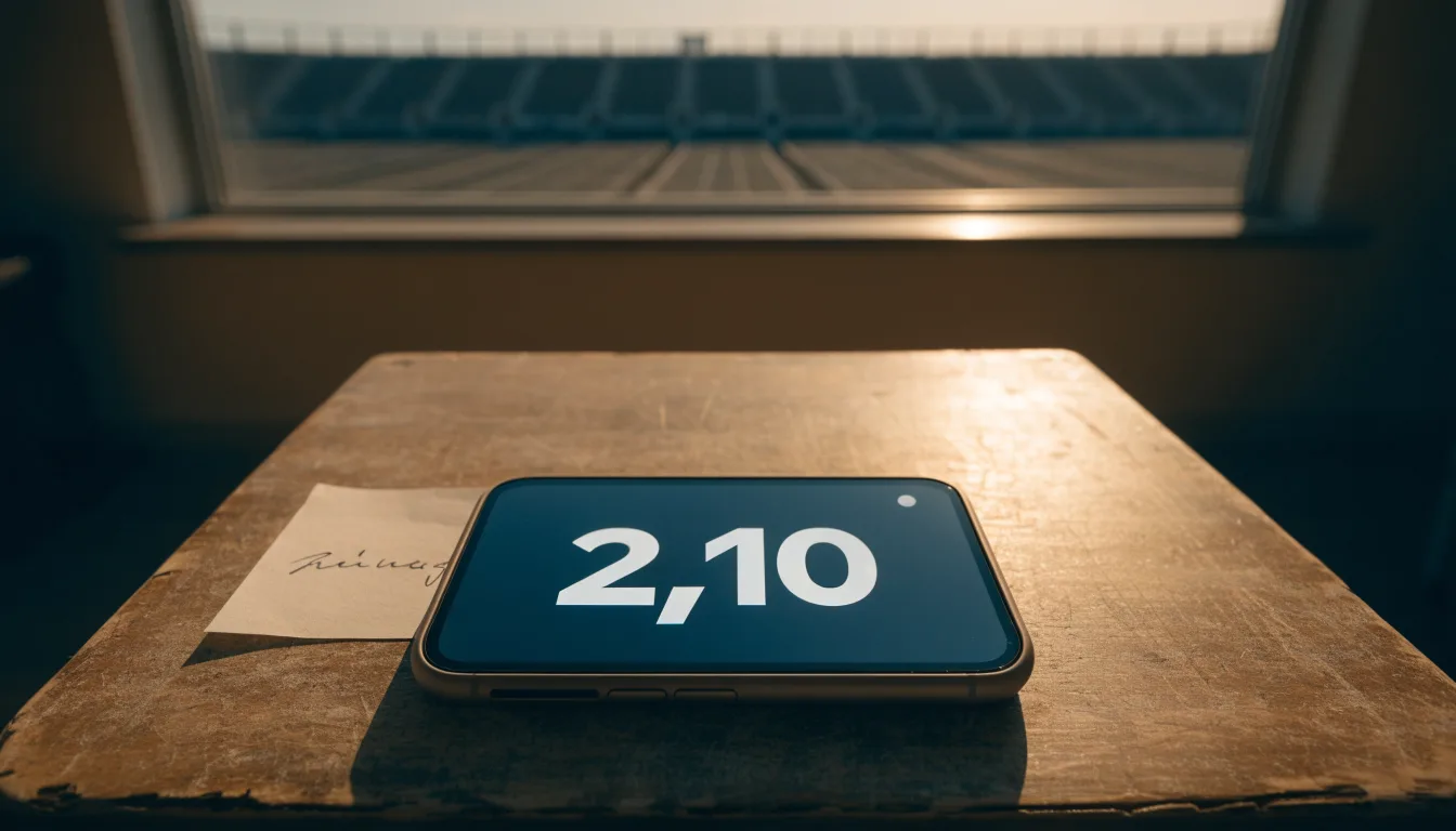 Eine leere Stadiontribüne bei Sonnenaufgang aus der Ferne, lange Schatten fallen über die Sitzreihen