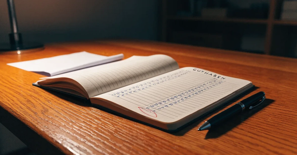 Ein Notizbuch mit handschriftlichen Spalten und ein Kugelschreiber neben einem Taschenrechner, Licht einer Schreibtischlampe