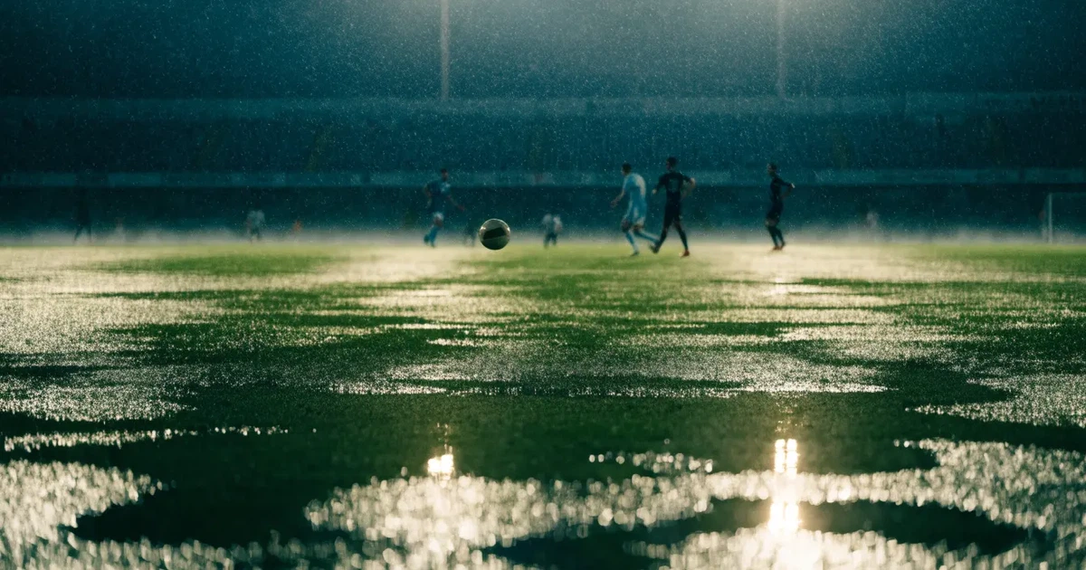 Ein Fussballplatz mit Kunstrasen im Regen, Pfützen spiegeln das Licht der Flutlichtmasten