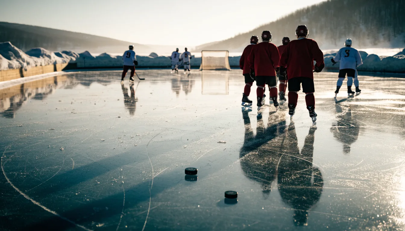 Ein Eishockeyfeld im Freien auf einem zugefrorenen See, Schneewehen an den Banden, klare Winterluft