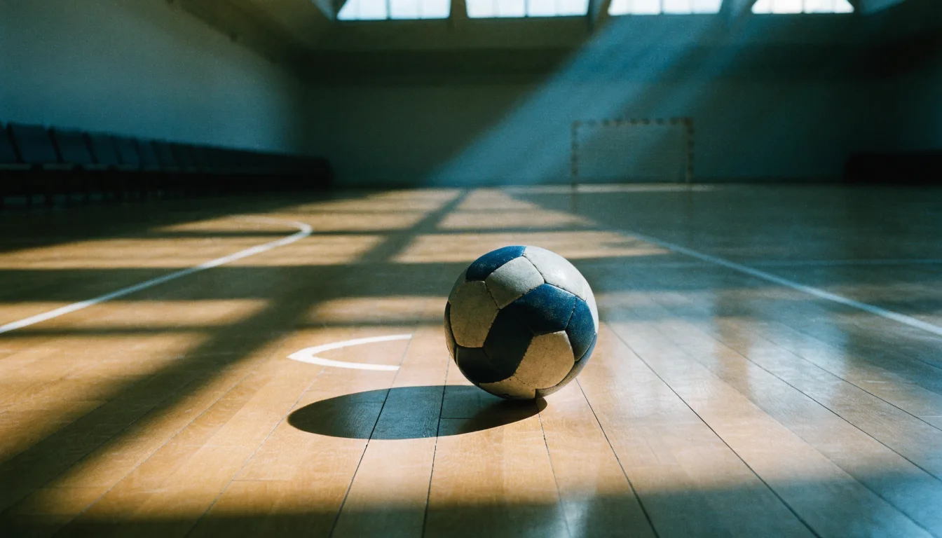 Ein Handball liegt auf dem Hallenboden einer leeren Sporthalle, Streifen von Licht aus den Oberlichtern