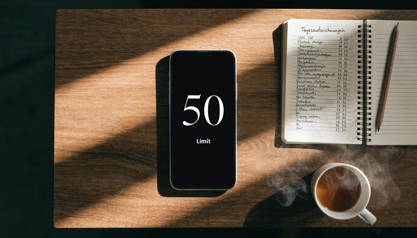 Eine Sanduhr steht neben einem Notizbuch mit handschriftlichen Notizen auf einem Holztisch, daneben dampft eine Tasse Tee.