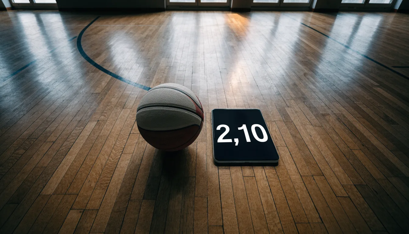Ein Basketball ruht auf dem polierten Parkett einer leeren Halle, Nachmittagslicht fällt durch hohe Fenster.