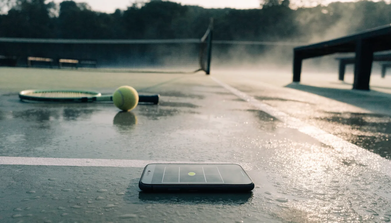 Ein gepflegter Tennisplatz im Morgengrauen, über der Grundlinie hängt leichter Nebel und die Bänke am Rand sind leer.