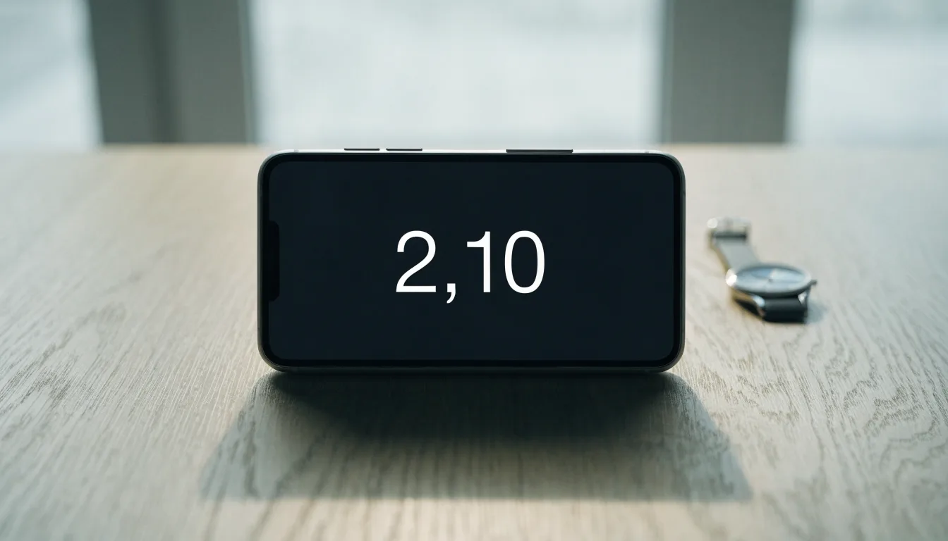Ein Smartphone liegt mit dem Display nach unten auf einem Tisch neben einer Armbanduhr, im Hintergrund ein unscharfes Fenster.