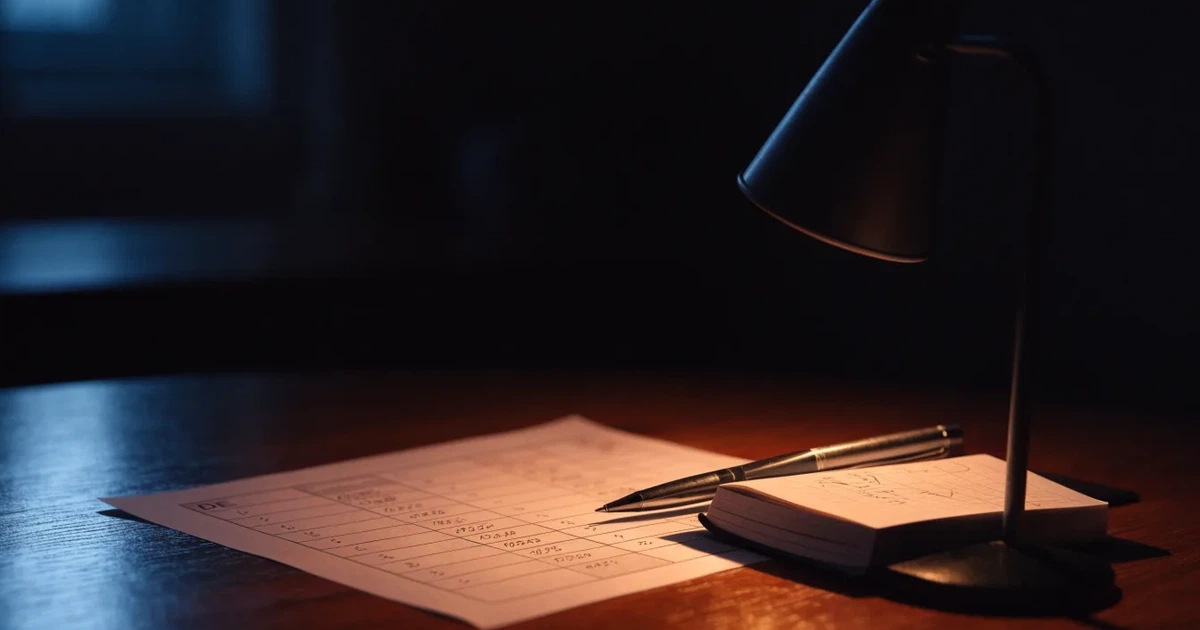 Eine Schreibtischlampe beleuchtet am späten Abend einen Block mit handschriftlichen Notizen und einen Stift.