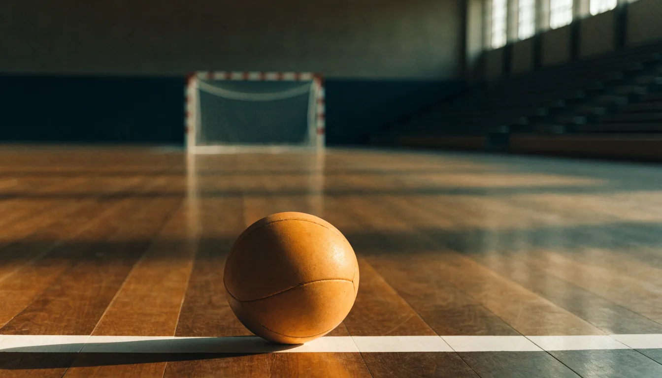 Ein Handball liegt am Rand des Torraums in einer leeren Sporthalle, Licht fällt durch Oberlichter auf den Hallenboden.