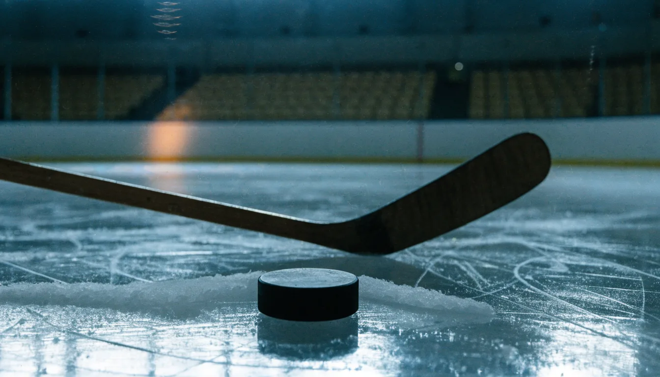 Ein Eishockeypuck und ein Schläger liegen auf einer glänzenden Eisfläche, im Hintergrund verschwimmen leere Banden.