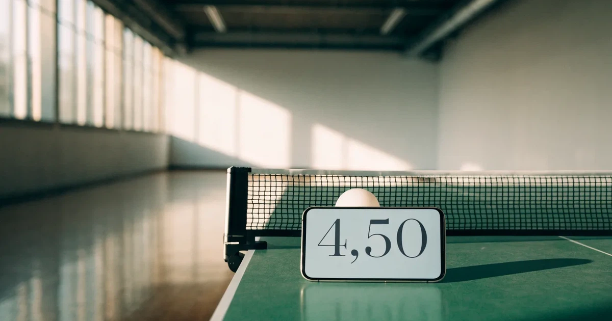 Eine Tischtennisplatte steht in einer leeren Sporthalle, ein einzelner Ball liegt am Netz und Tageslicht fällt von der Seite ein.
