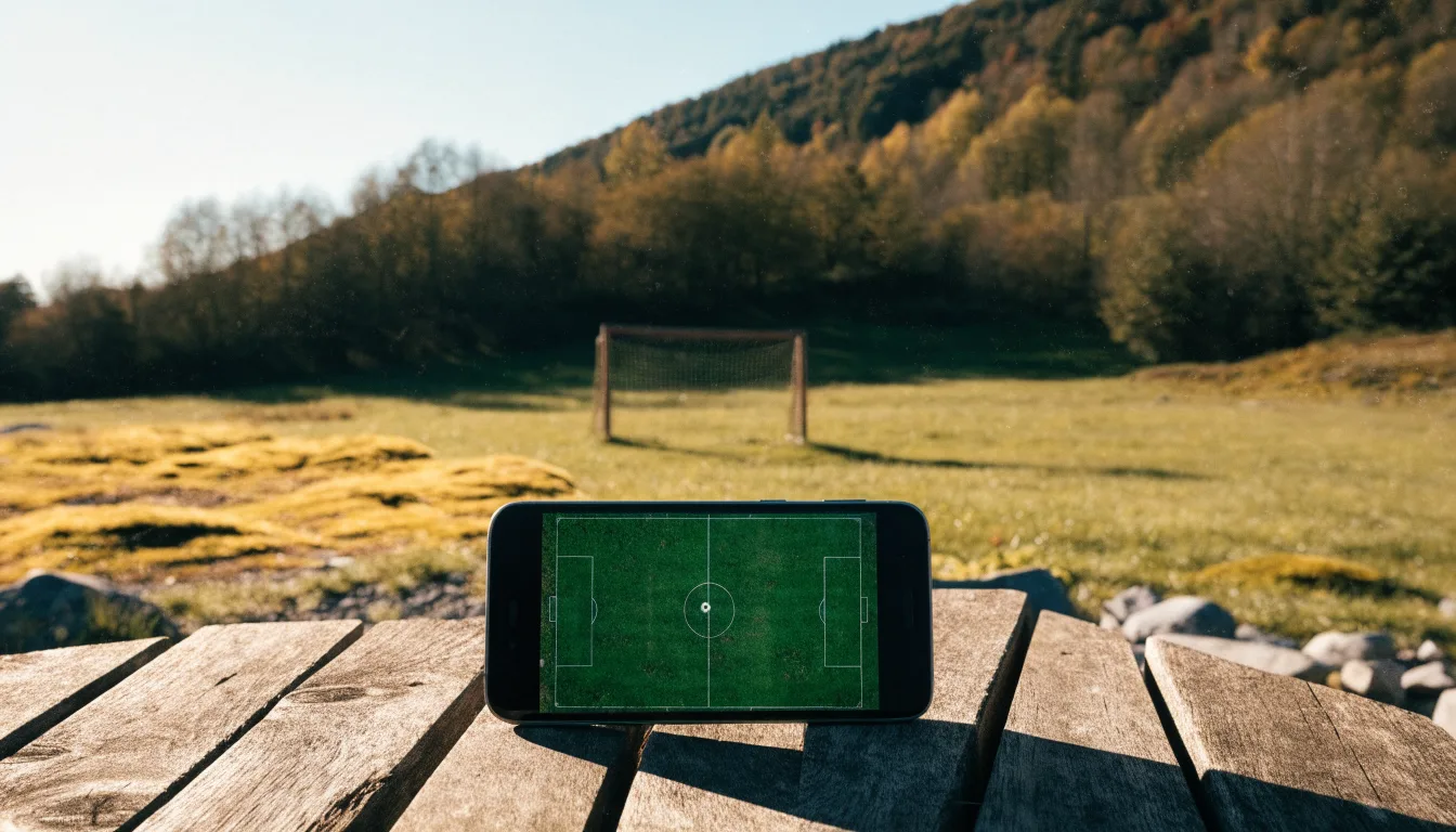 Eine Almwiese mit einem kleinen Holztor für Kinderfussball, dahinter erheben sich bewaldete Hänge im Nachmittagslicht.