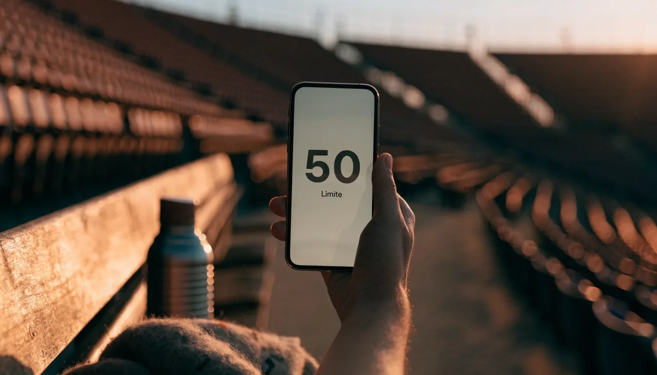 Eine Thermoskanne und eine zusammengelegte Wolldecke stehen auf einer leeren Stadionbank, die Sonne geht hinter den Rängen unter.