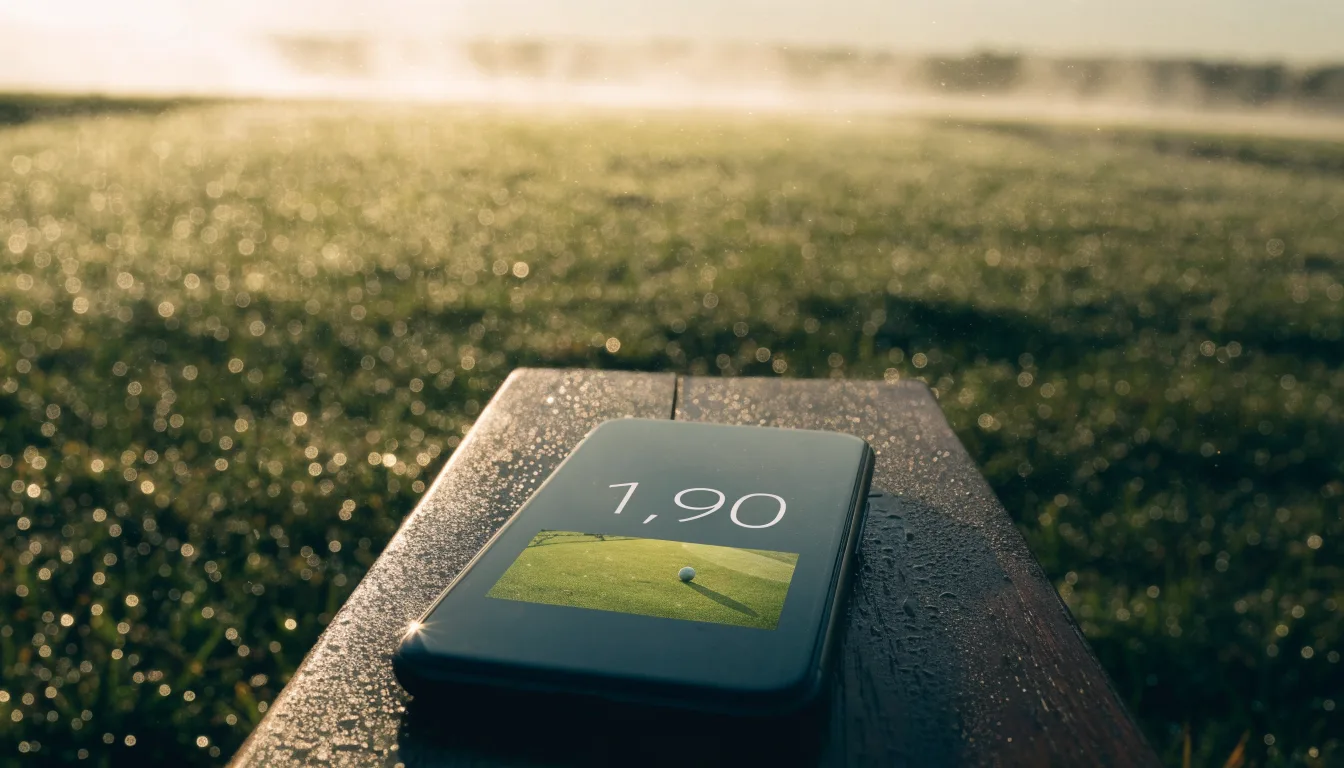 Ein Golfgrün bei Sonnenaufgang mit Tau auf dem Rasen, die Fahnenstange fehlt und im Hintergrund ziehen Nebelschwaden.