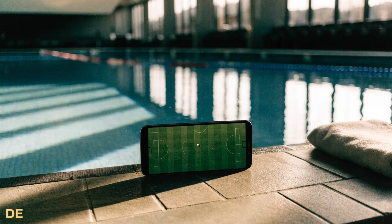 Eine ruhige Schwimmhalle mit glattem Wasser im Becken und gespannten Bahnleinen, Licht fällt durch hohe Fenster.