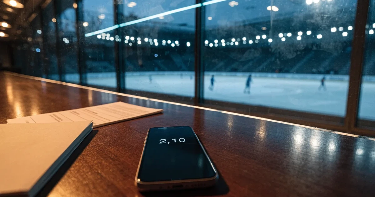 Ein leerer Ledersessel steht in einer Stadionloge mit Blick auf das Spielfeld im Abendlicht.