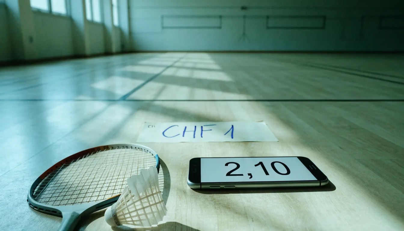 Ein Badmintonschläger liegt neben einem Federball auf dem hellen Hallenboden eines leeren Spielfelds.