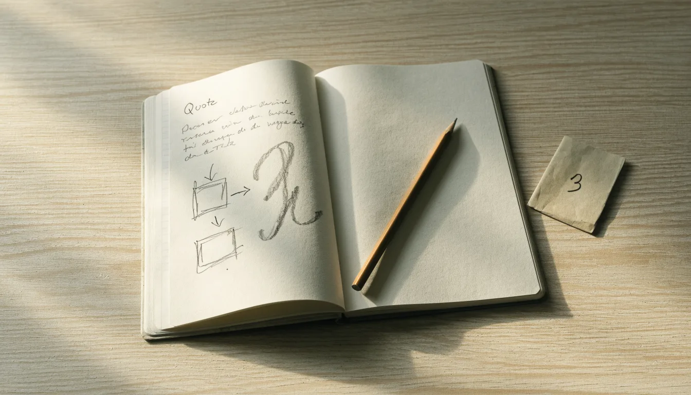 Ein aufgeschlagenes Notizbuch mit handgezeichneten Skizzen aus Kästchen und Pfeilen liegt neben einem Bleistift auf einem hellen Holztisch.