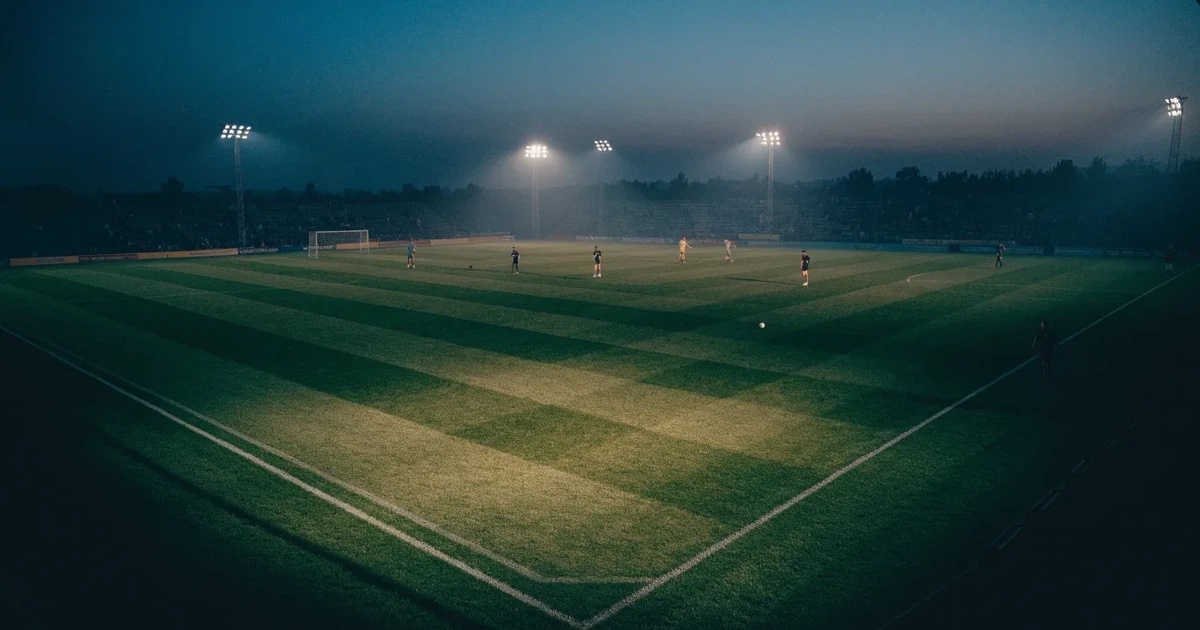 Ein menschenleerer Fussballplatz mit frisch gemähtem Rasen unter Flutlichtmasten in der Abenddämmerung, aus erhöhter Perspektive fotografiert.