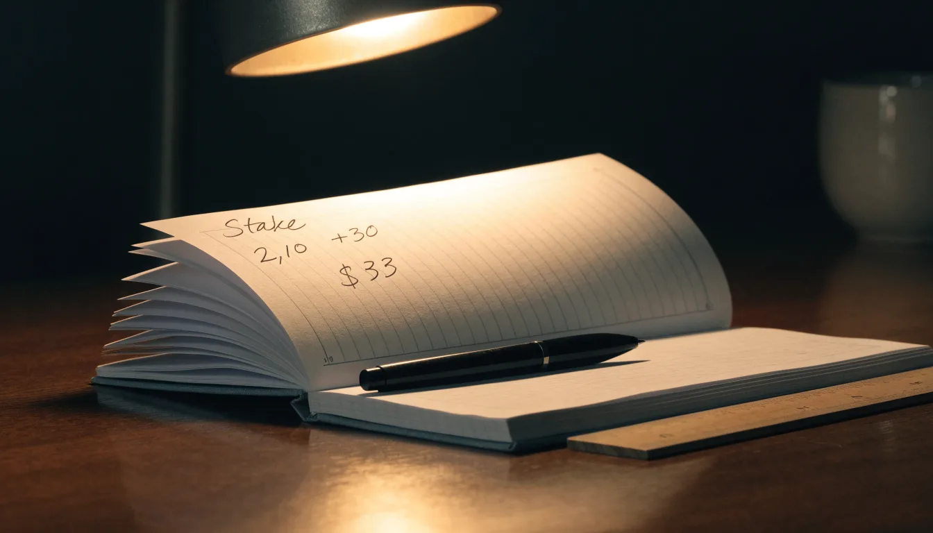Eine Schreibtischlampe beleuchtet ein kariertes Heft mit handschriftlichen Skizzen, daneben liegt ein Lineal aus Holz.