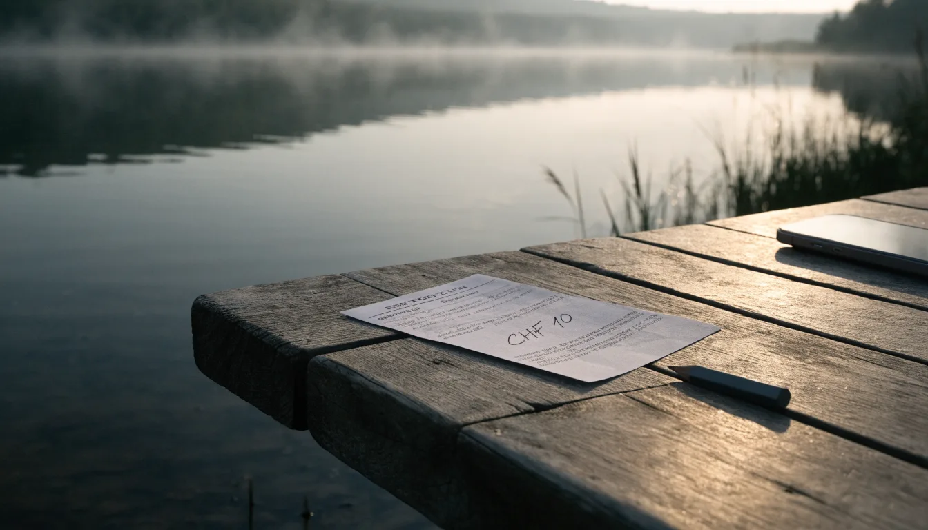 Ein Stapel flacher Kieselsteine liegt am Seeufer in der Morgendämmerung, das Wasser ist spiegelglatt.