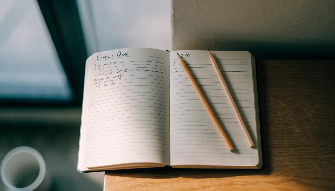 Ein aufgeschlagenes Notizbuch mit handschriftlichen Spalten und ein Bleistift liegen auf einem Holztisch neben einem Fenster.