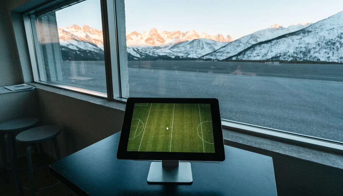 Hinter einem leeren Stadion ragen verschneite Berggipfel in den klaren Morgenhimmel, davor ein Parkplatz im ersten Sonnenlicht.