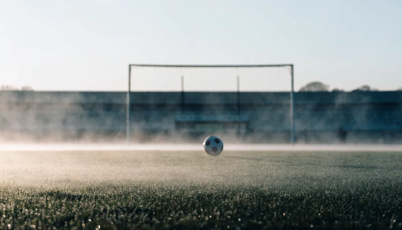 Ein Tennisplatz aus Sand liegt im Morgengrauen still da, Nebel hängt über der Grundlinie und dem aufgespannten Netz.