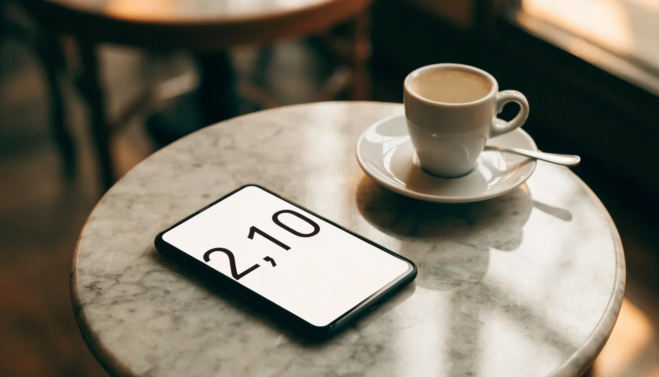 Ein Smartphone liegt mit der Rückseite nach oben auf einem Kaffeehaustisch neben einer Tasse und einem Löffel.