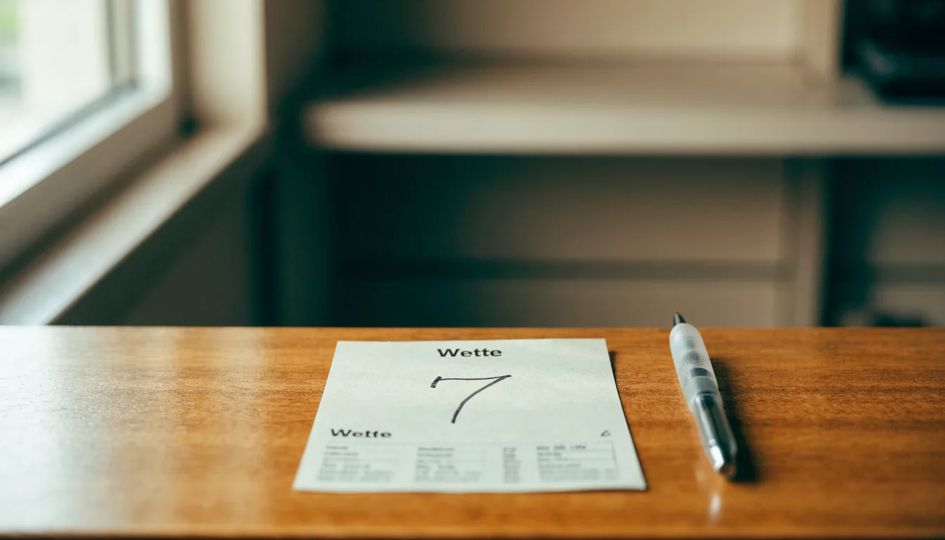 Ein unbeschriebener Papierwettschein und ein Kugelschreiber liegen auf einer hölzernen Ladentheke im Tageslicht.