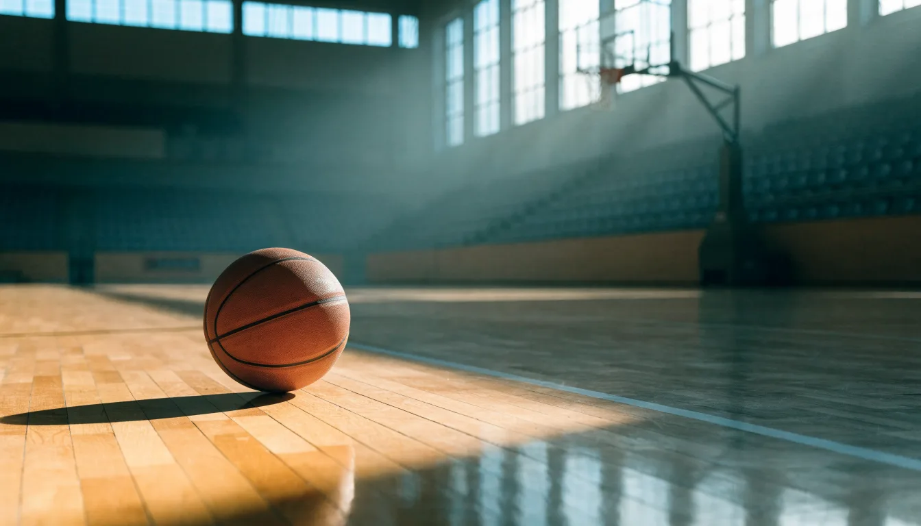 Ein Basketball ruht auf dem Parkett einer leeren Sporthalle, durch hohe Fenster fällt Tageslicht.