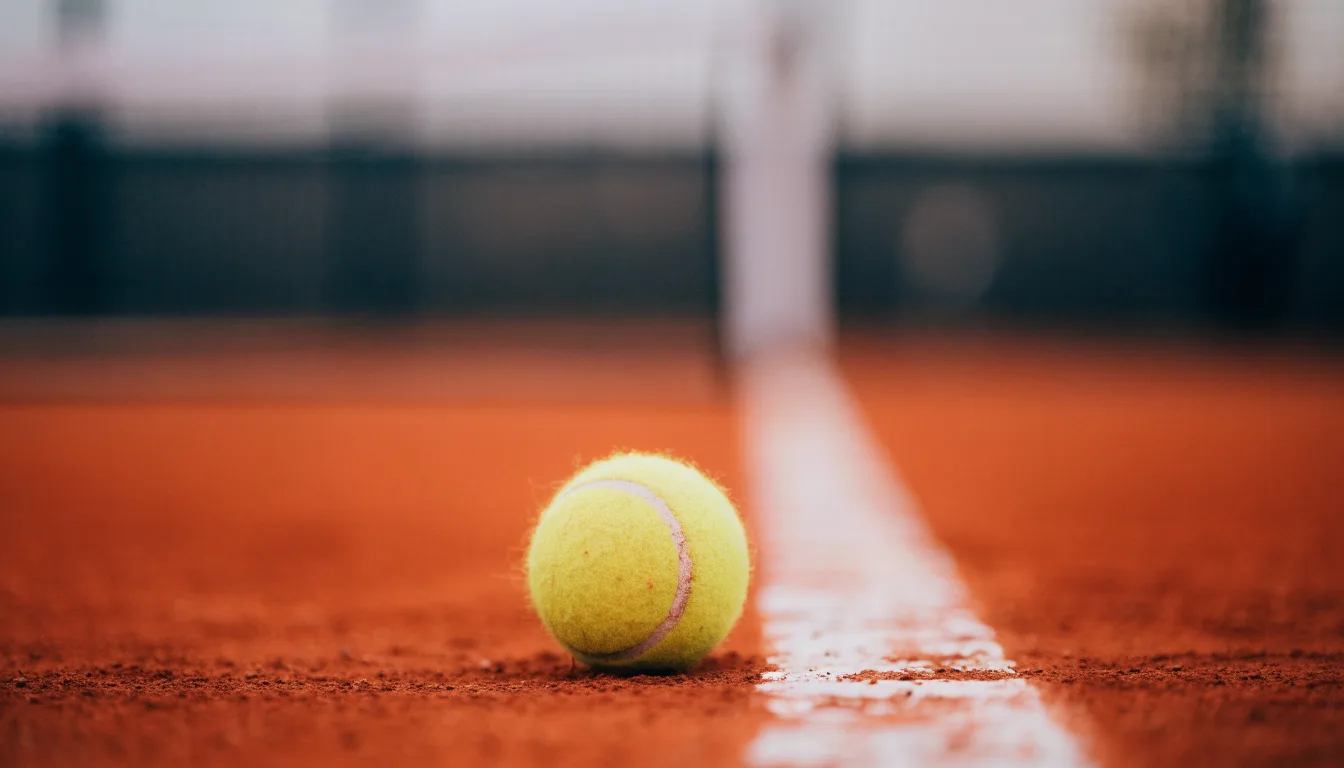Ein Tennisball liegt auf rotem Sand neben einer verblassten Linie, das Licht ist weich.