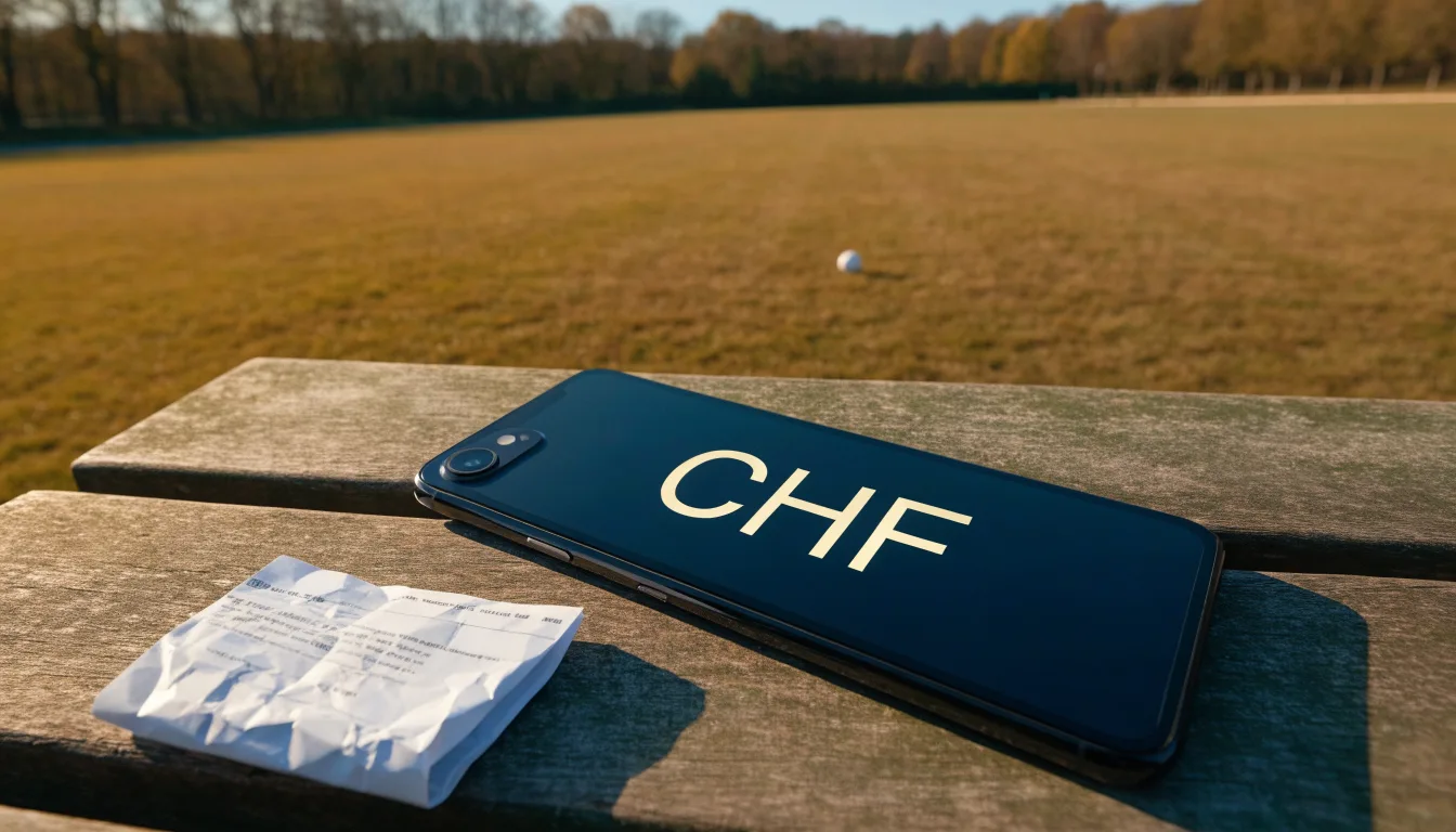 Eine hölzerne Bank steht an der Seitenlinie eines leeren Sportplatzes, dahinter Bäume im Herbstlicht.