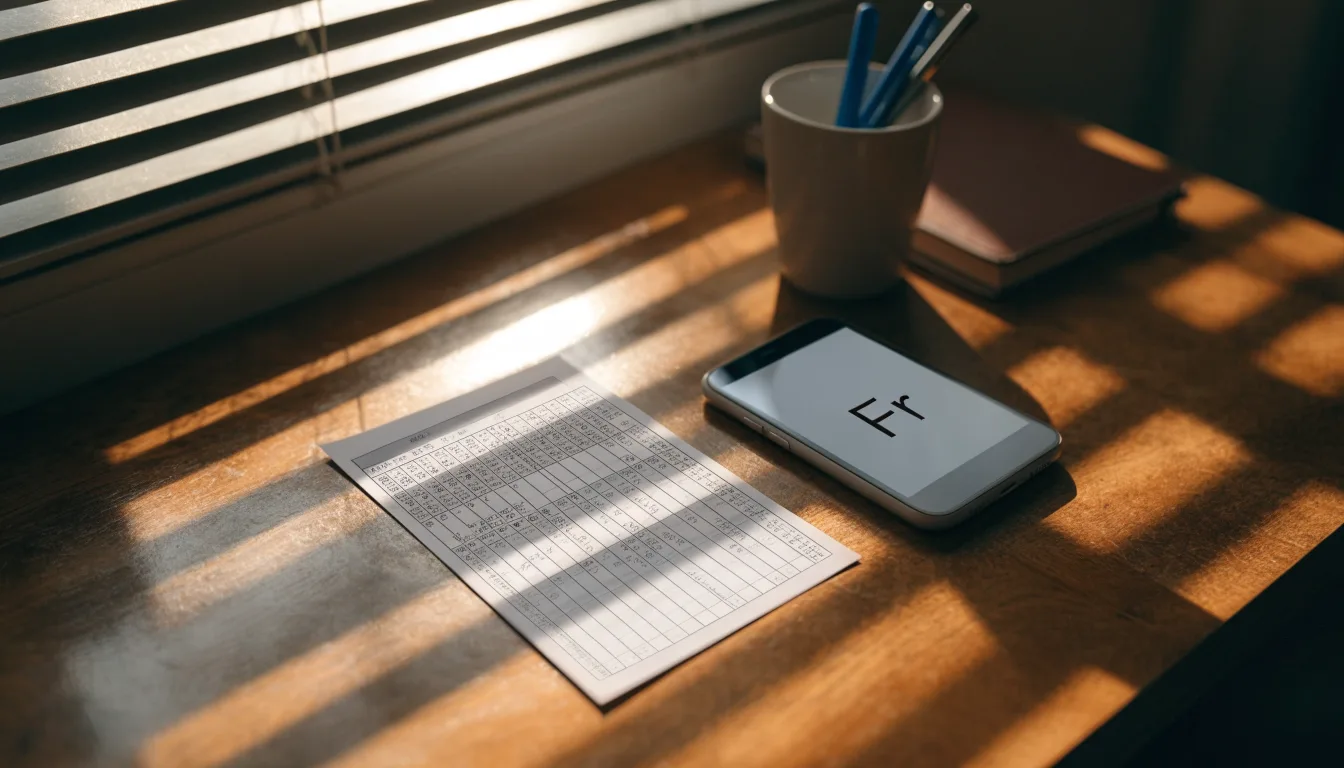 Streifen von Sonnenlicht fallen durch eine Jalousie auf einen Schreibtisch mit Stiften.
